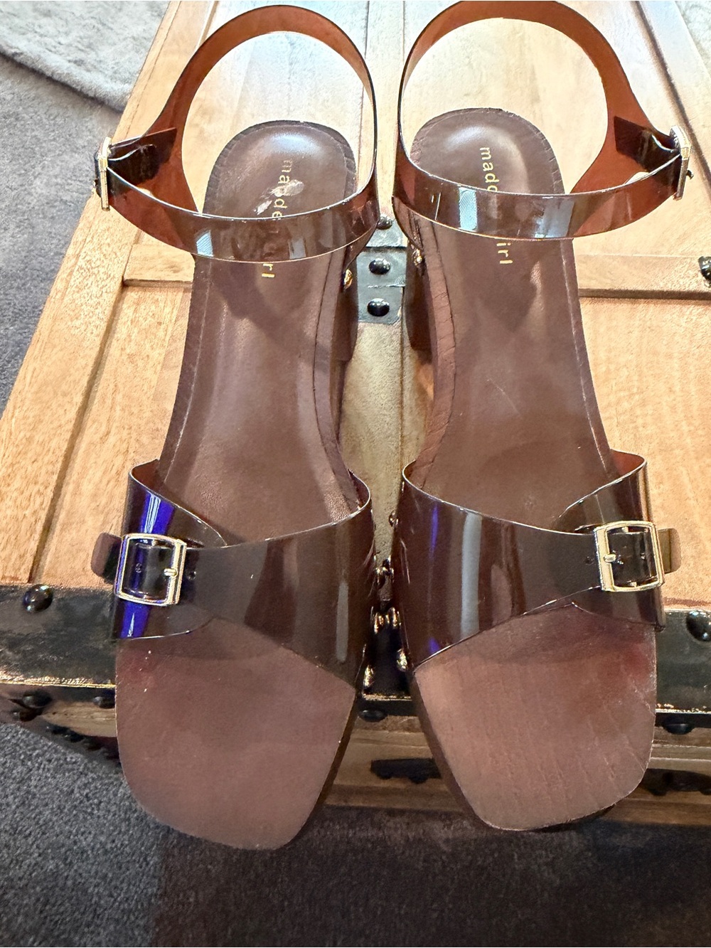 Madden Girl Brown clear plastic Ankle-Strap Block Heel Sandals